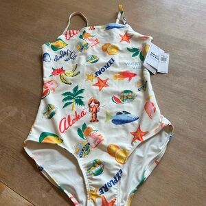 Old Navy White Kids Tropical Aloha One-Piece Swimsuit with Multicolor Prints